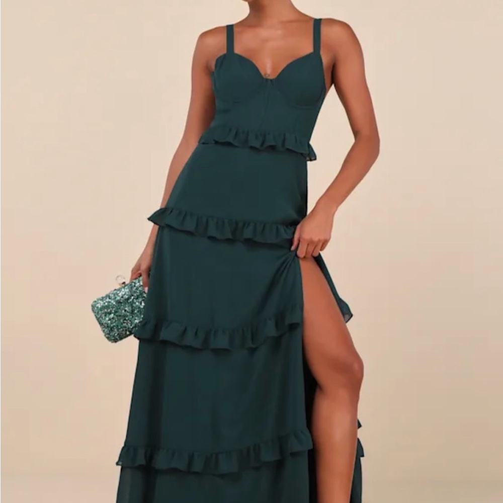Lulu's Deep Green Ruffle Slit Dress - Picture 2 of 4